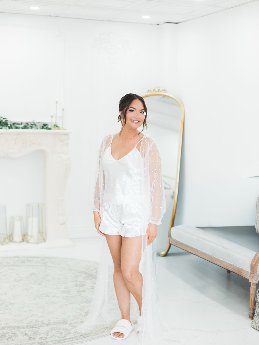 Sheer Pearl-Embellished White Bridal Robe Set